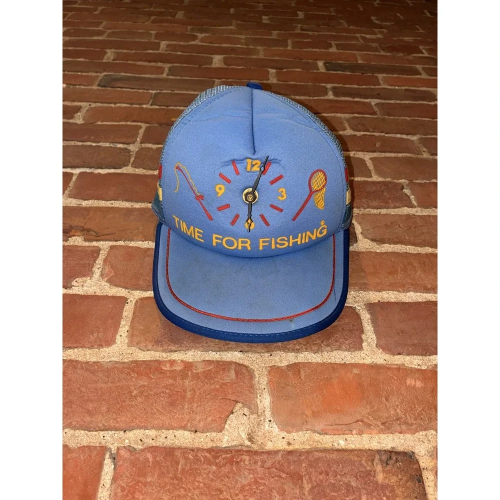 80s 90s‎ Fishing Trucker Hat Working Clock Mesh Snapback Blue Fisherman Cap
